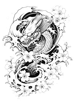 Tattoo template of a Japanese koi fish with waves and cherry blossoms