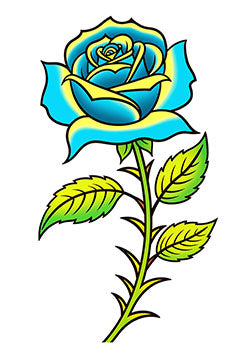 Tattoo template of a blue and yellow rose flower with green leaves and thorny stem