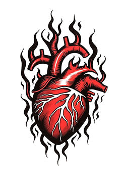 Tattoo template of a realistic heart surrounded by black flames