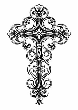 Tattoo template of a stylized ornate cross with floral designs