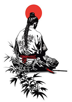 Tattoo template of a contemplative samurai with bamboo and red sun backdrop