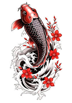 Tattoo template of a red koi fish with waves and flowers