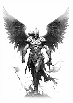 Tattoo template of a powerful armored angel with wings