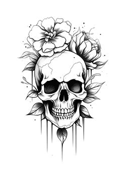 Tattoo template of a skull with blooming flowers and leaves