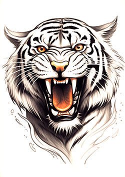 Tattoo template of a roaring white tiger with striking black stripes and piercing orange eyes exuding power and intensity