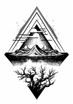 Tattoo template of a landscape with mountains within geometric shapes