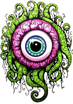 Tattoo template of a colorful eye surrounded by green tentacles alien设计