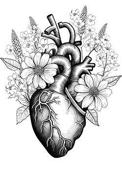 Tattoo template of a detailed human heart with flowers