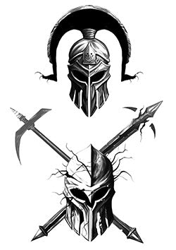 Tattoo template of a Spartan helmet and a battle-worn helmet with crossed weapons.