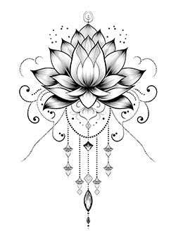 Tattoo template of a detailed lotus flower with symmetrical jewel hangings and intricate patterns