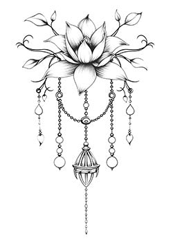 Tattoo template of a lotus with jewels and a lantern