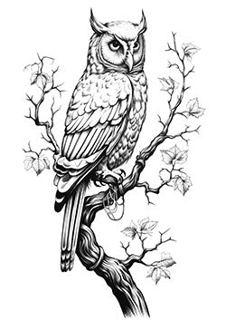 Tattoo template of a wise owl perched on a branch, exuding a sense of mystery and observation