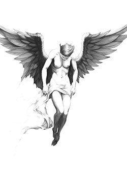 Tattoo template of a celestial figure with dark wings gracefully descending