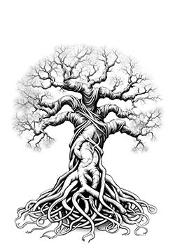 Tattoo template of an intricate tree with expansive roots