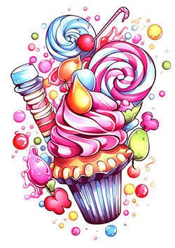 Tattoo template of a colorful cupcake with candy and lollipops