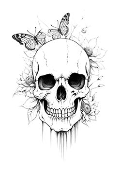 Tattoo template of a detailed skull with flowers and butterflies, symbolizing life's contrast with death.