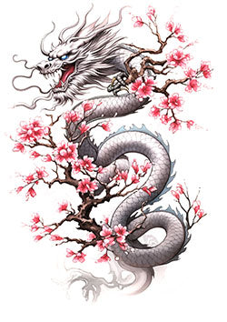 Tattoo template of a dragon with cherry blossoms