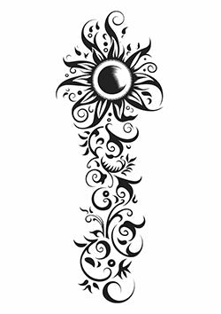 Tattoo template of a decorative sun with floral elements and swirls