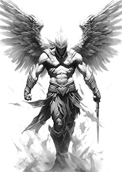 Tattoo template of a winged warrior in ancient armor with a powerful aura