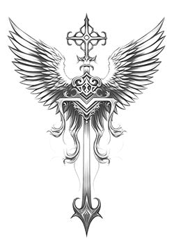 Tattoo template of a sword with angel wings and an ornate cross