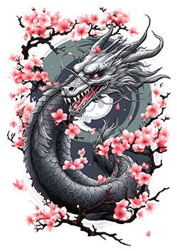 Tattoo template of an oriental dragon with cherry blossoms