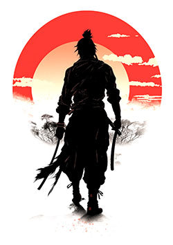 Tattoo template of a samurai silhouette with a red sun background