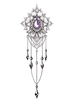 Tattoo template of a lotus flower with an amethyst gemstone and ornate dangling elements