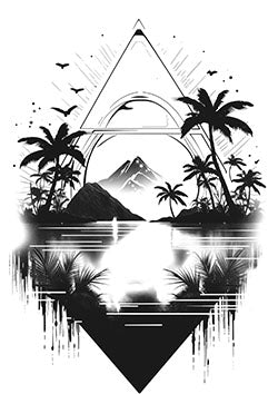 Tattoo template of a tranquil mountain and palms within a triangle