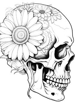 Tattoo template of a skull with sunflowers, blending life and death elements.