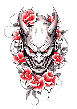 Tattoo template of a horned Oni demon with peonies