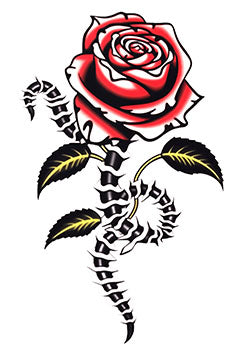 Tattoo template of a red rose with a black and white thorny stem and green leaves