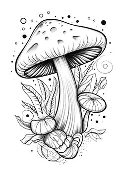 Tattoo template of a detailed mushroom with leaves in a minimalist style