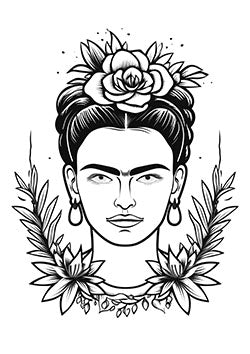 Tattoo template of a female portrait adorned with a rose, surrounded by floral and leaf accents.