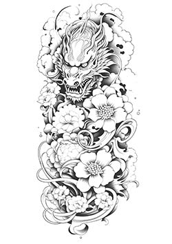 Tattoo template of a dragon with flowers