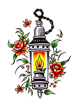 Tattoo template of a vintage lantern with roses and butterflies