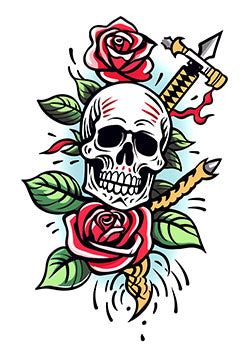 Tattoo template of a skull with roses and a dagger highlighting life, death, and resilience