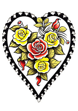 Tattoo template of a heart filled with red and yellow roses, surrounded by green leaves.