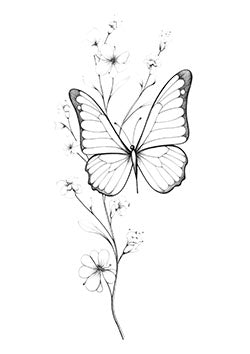 Tattoo template of a butterfly with flowers on a stem