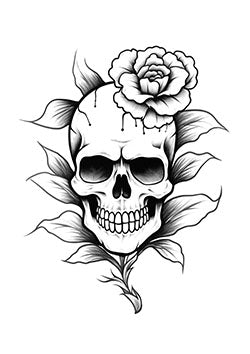 Tattoo template of a realistic skull entwined with blooming roses