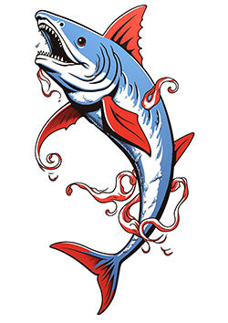 Tattoo template of a dynamic blue and red shark with flowing fins and an aggressive stance