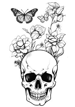 Tattoo template of a skull with blooming flowers and butterflies symbolizing life, death, and rebirth.