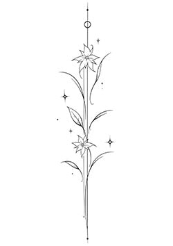 Tattoo template of a vertical line with blooming flowers and celestial elements