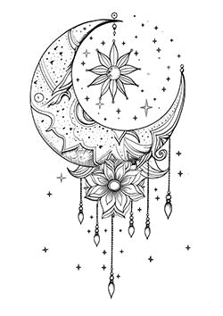 Tattoo template of a crescent moon with a star and floral patterns, evoking peaceful night and natural beauty