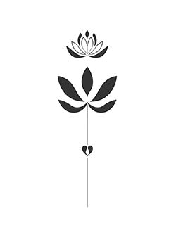 Tattoo template of a minimalist design with a lotus, leaves, and a heart symbolizing purity and growth