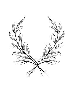 Tattoo template of a minimalist black ink design with crossed branches and flowing leaves