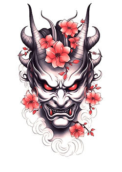 Tattoo template of a Japanese oni demon with cherry blossoms