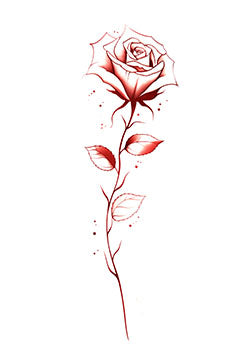 Tattoo template of a stylized red rose with leaves and droplets