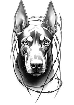 Tattoo template of a Doberman with barbed wire symbolizing protection and loyalty