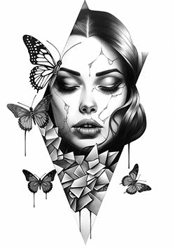 Tattoo template of a woman with butterflies and geometric patterns