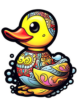 Tattoo template of a colorful rubber duck with intricate ornamental patterns